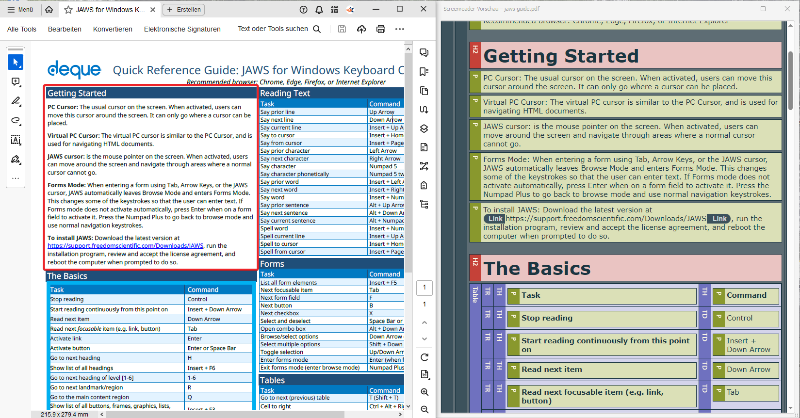 Side by side comparison of original document and screen reader preview